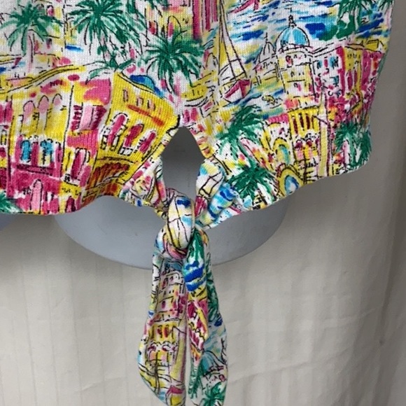 TALBOTS 2x S/S Sweater Palm Trees Cityscape Sailboats Summer Tie Detail - Picture 3 of 7